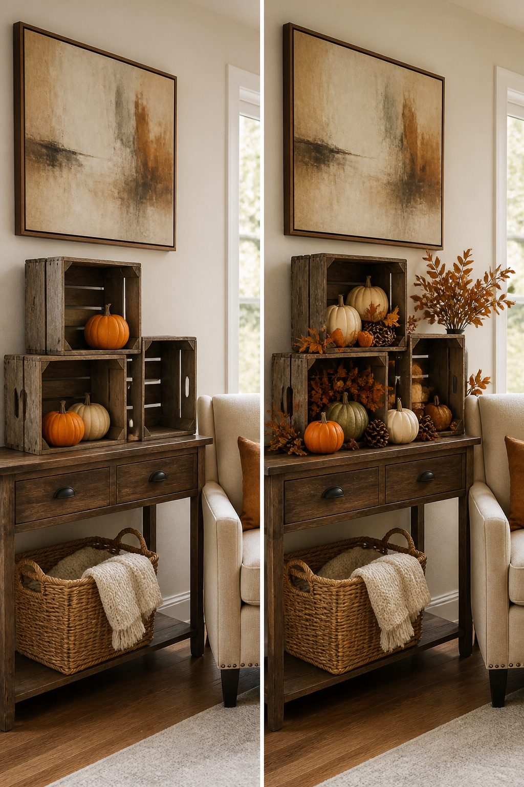 Wooden crates filled with seasonal decorations like pumpkins.