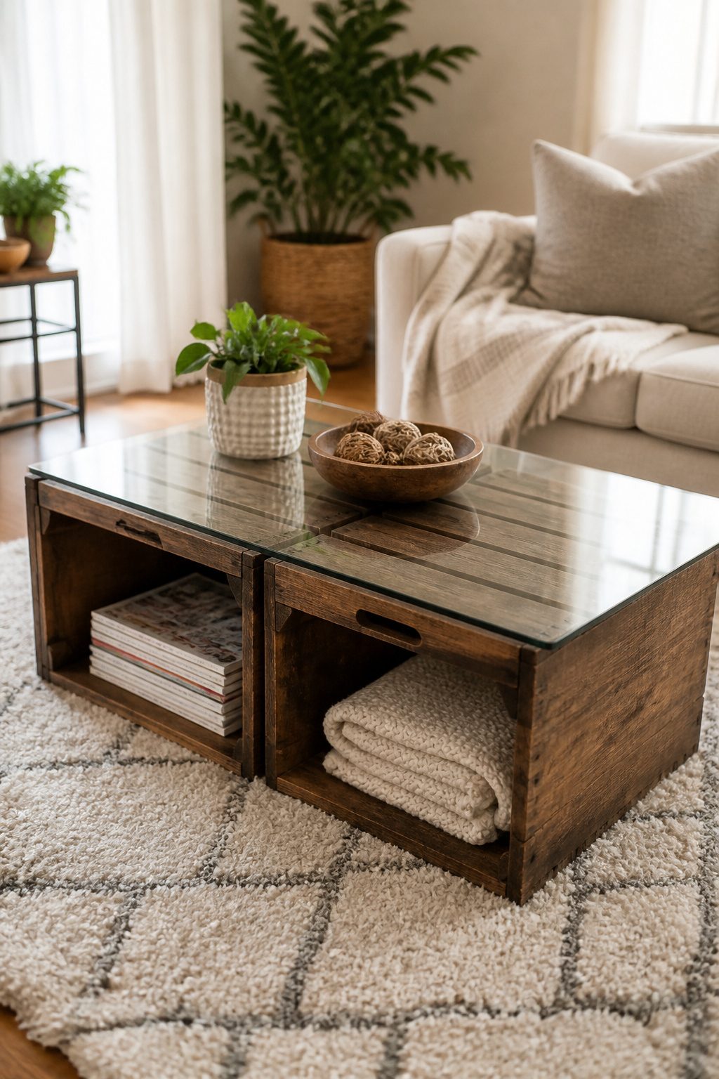 A coffee table made from two wooden crates topped with glass.