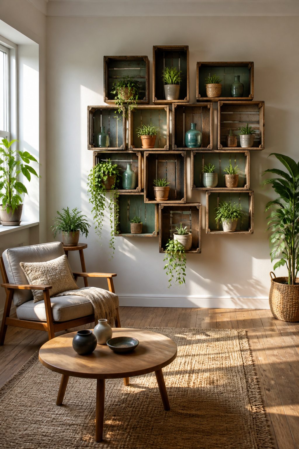 Wooden crates mounted on a wall displaying jars and books.