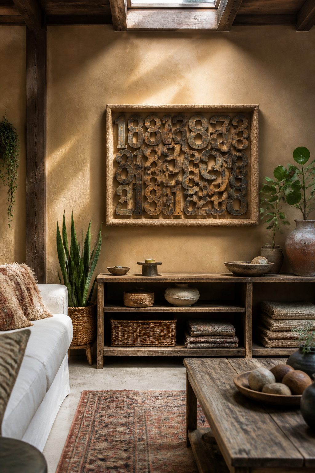 Decorating with Numbers: Design Ideas for 2026 4 Brass and black metal house numbers displayed in a burlap-wrapped frame.