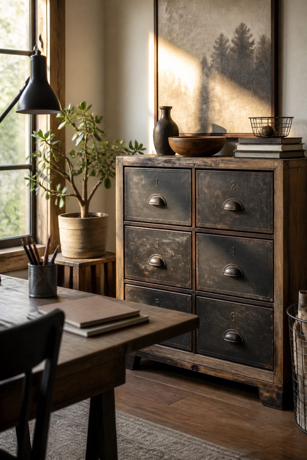 Decorating with Numbers: Design Ideas for 2026 7 An industrial-style apothecary cabinet with numbered metal pulls.