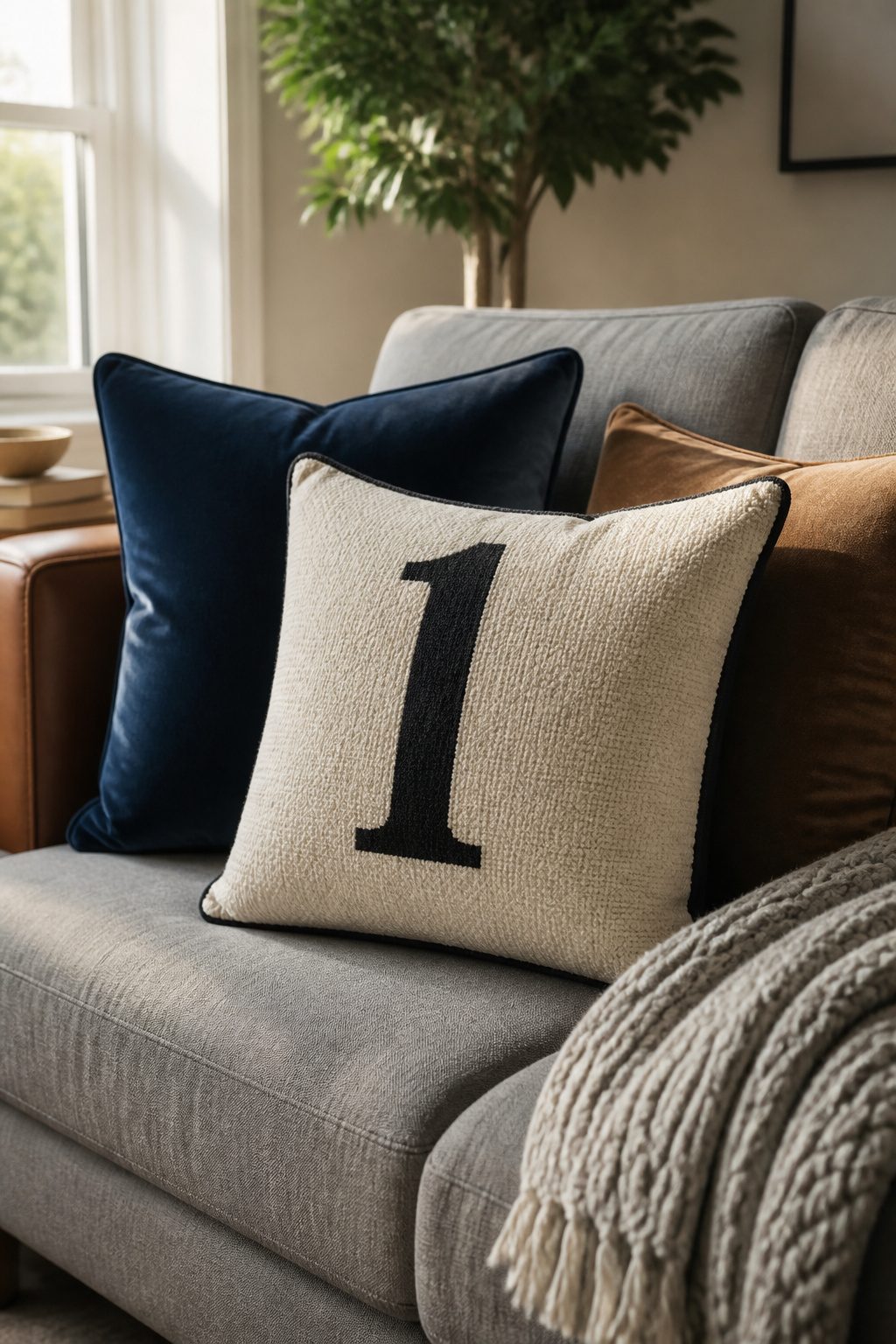 Decorating with Numbers: Design Ideas for 2026 6 A decorative pillow featuring a printed numeral on a sofa.