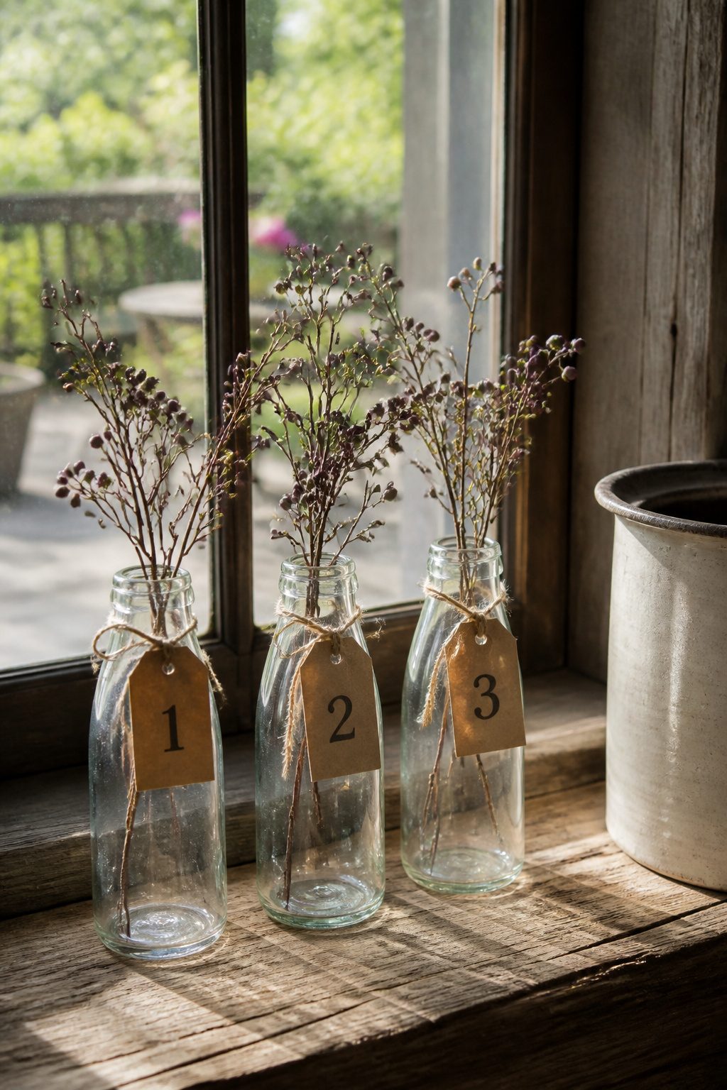 Decorating with Numbers: Design Ideas for 2026 1 Three clear glass milk bottles with kraft tags numbered 1, 2, and 3.