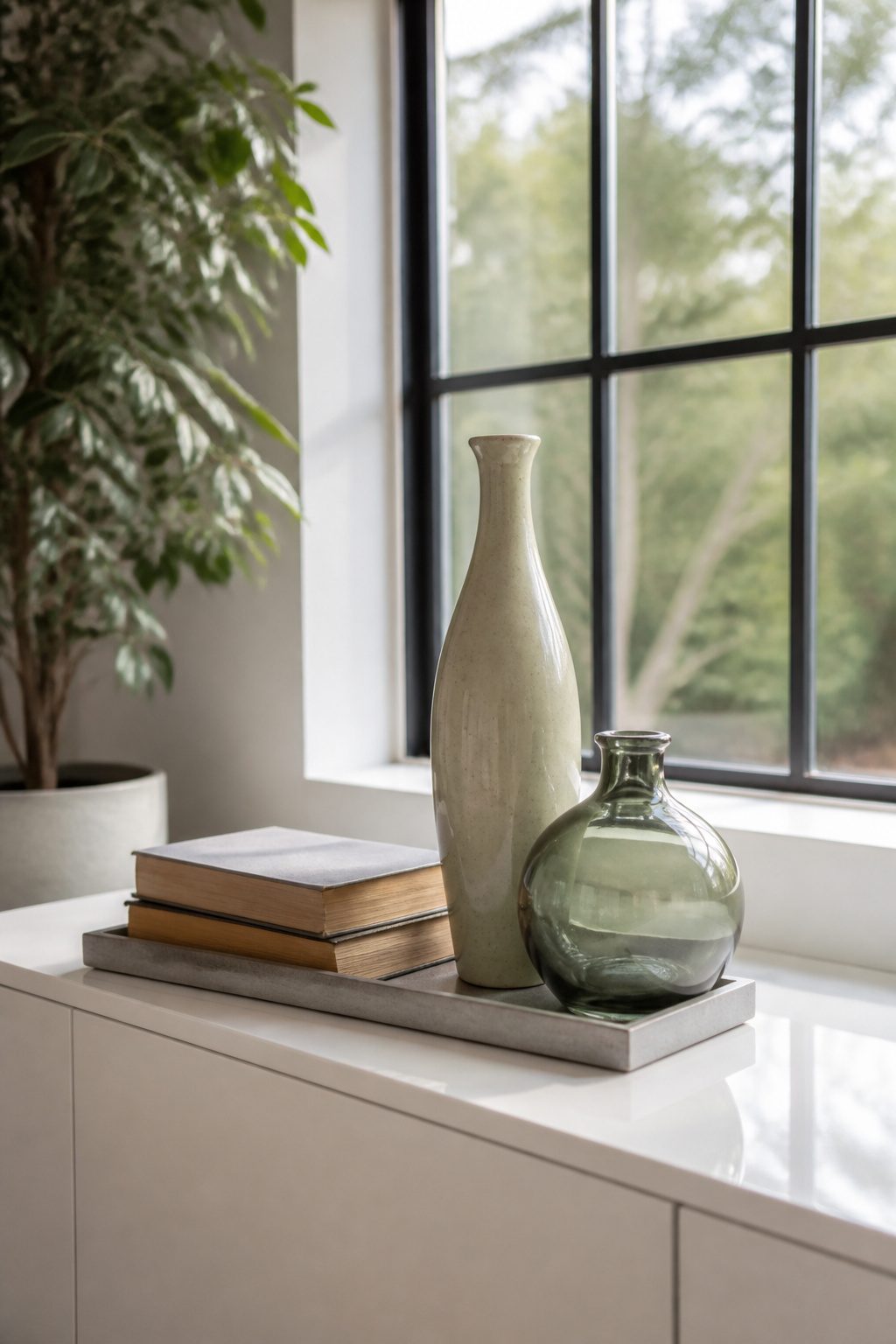 Decorating with Numbers: Design Ideas for 2026 5 A vignette with a stack of books and two vases on a white console table.