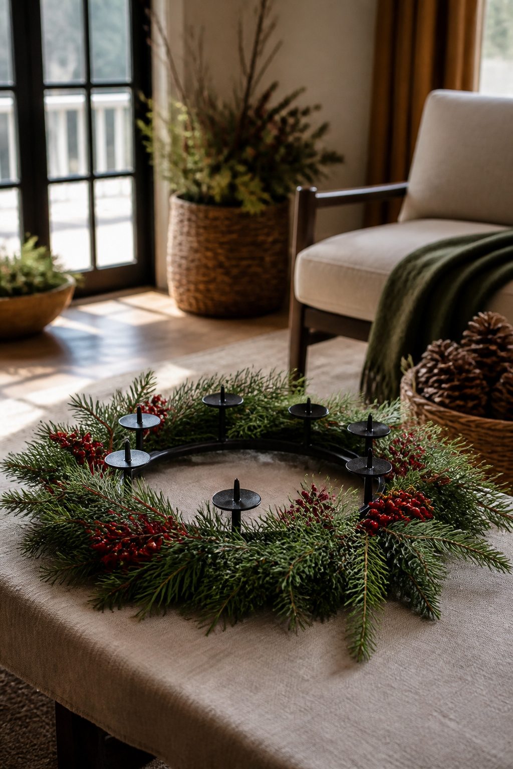 DIY Advent Candle Holder Ideas for 2026: Wreaths, Spirals and Displays 4 Greenery and berries surrounding a metal ring.