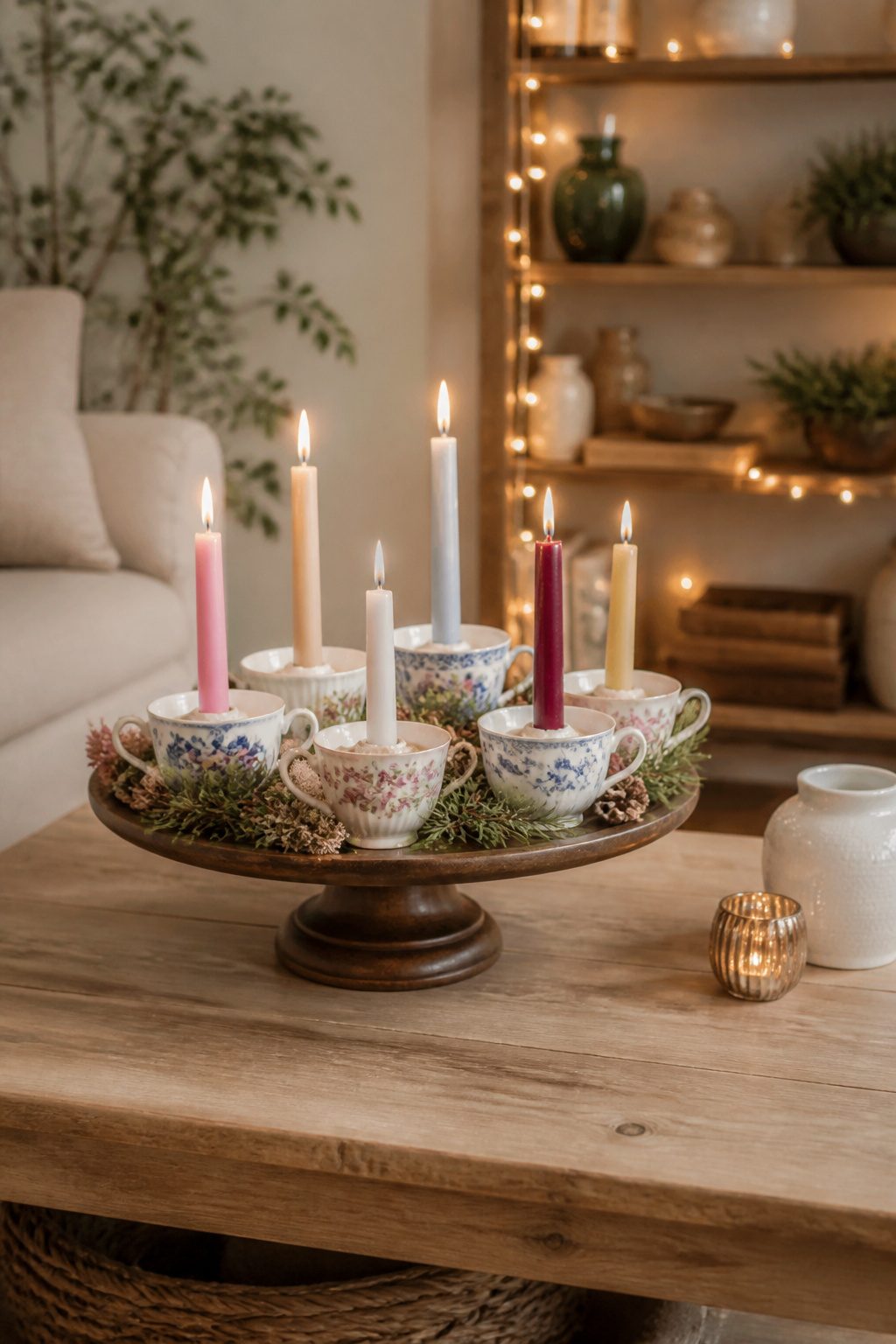 DIY Advent Candle Holder Ideas for 2026: Wreaths, Spirals and Displays 11 Teacups and a cake stand used for Advent candles.