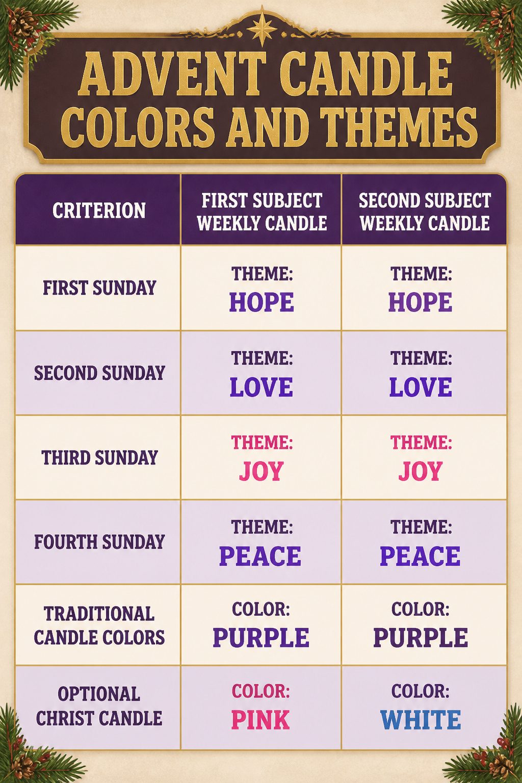 DIY Advent Candle Holder Ideas for 2026: Wreaths, Spirals and Displays 13 Overview of Advent candle colors and weekly themes.