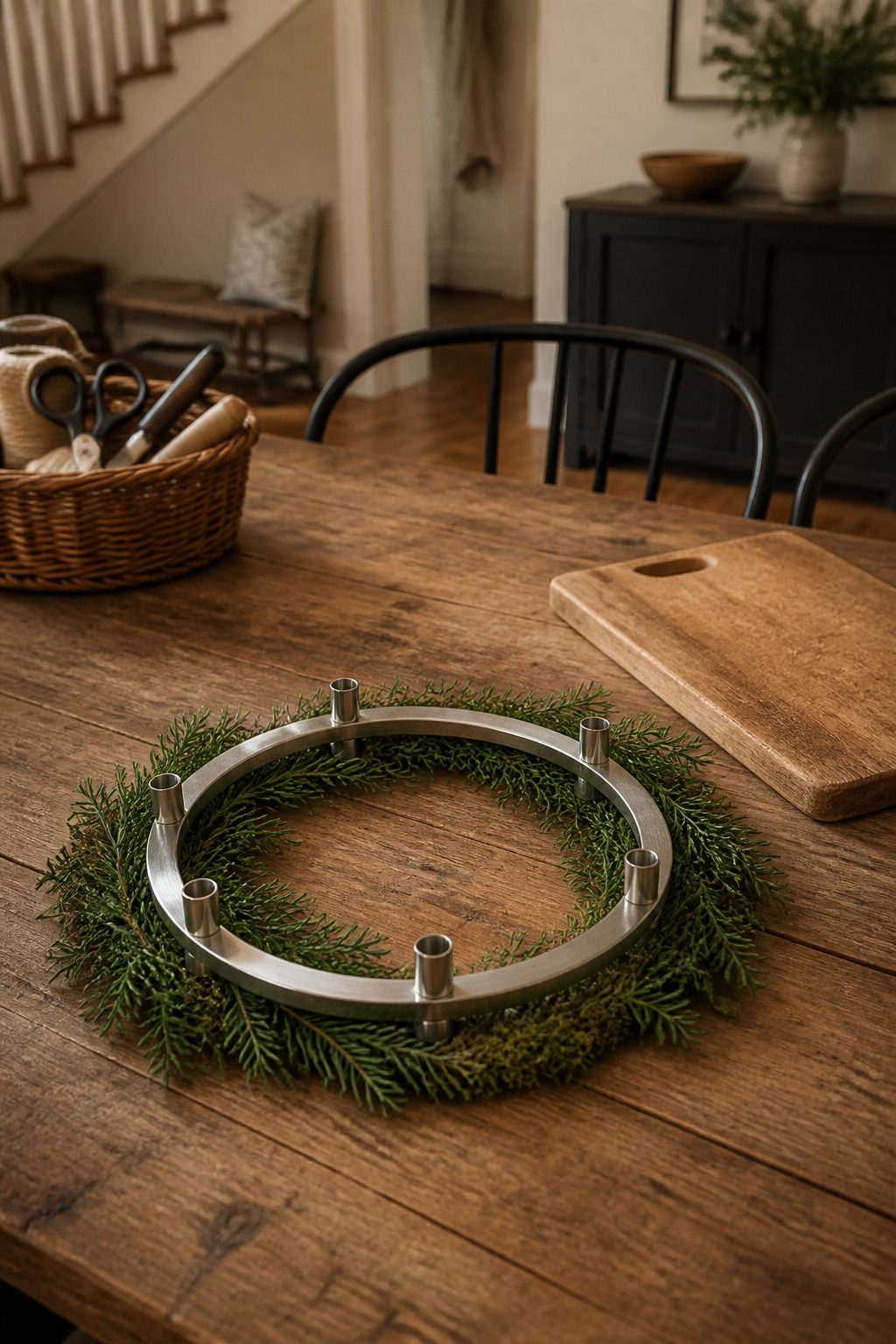 DIY Advent Candle Holder Ideas for 2026: Wreaths, Spirals and Displays 2 Metal ring surrounded by greenery on a wooden table.