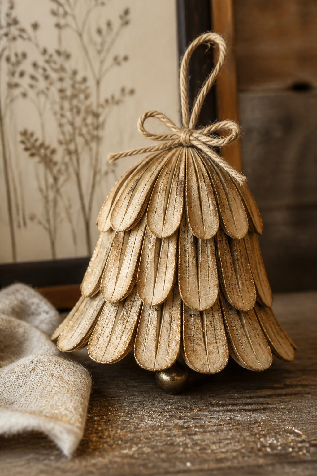 How to Make DIY Christmas Bells: Shapes, Bodies, and Clappers (2026) 4 Teardrop shapes cut from old book pages attached to a bell.
