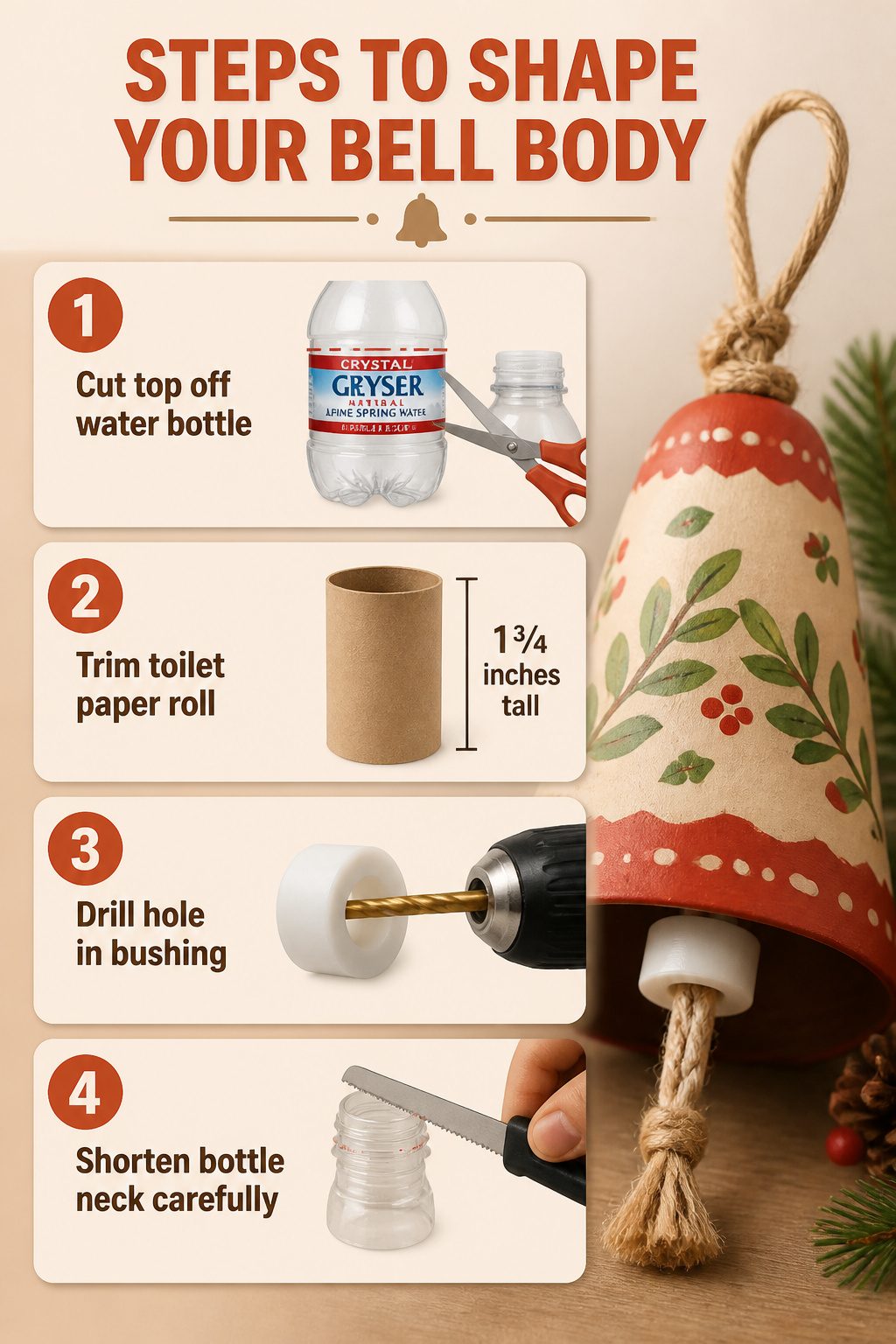 How to Make DIY Christmas Bells: Shapes, Bodies, and Clappers (2026) 7 Instructions for shaping a bell body from a water bottle and cardboard.