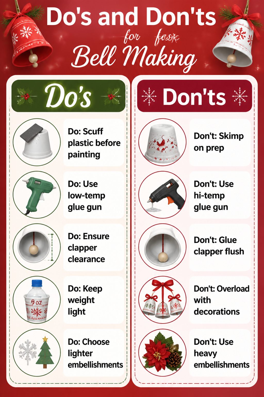 How to Make DIY Christmas Bells: Shapes, Bodies, and Clappers (2026) 13 A guide displaying do's and don'ts for making DIY Christmas bells.