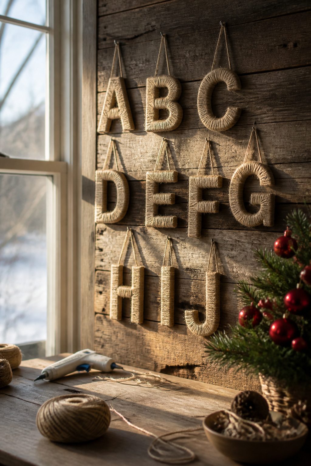 Twine-wrapped block letter ornaments hanging on a wall.