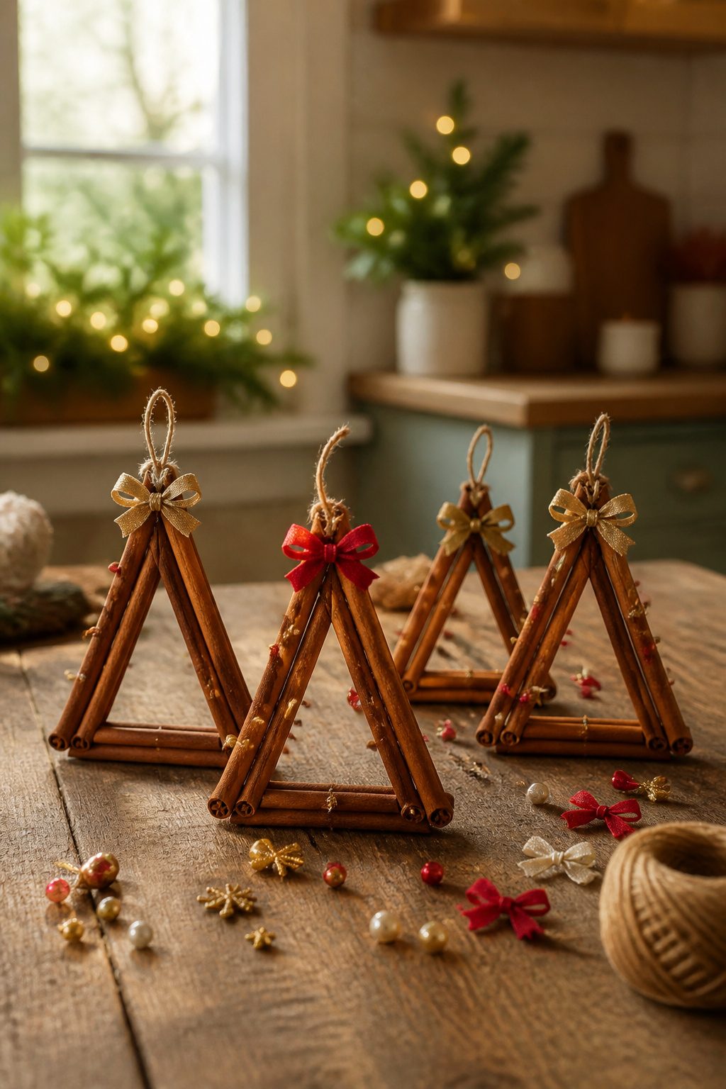 Cinnamon sticks arranged as mini Christmas trees.
