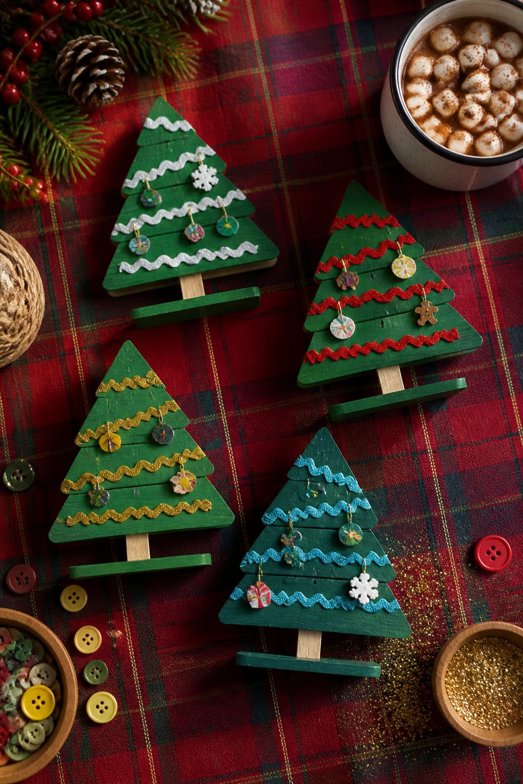 Mini craft stick trees arranged in a tapering shape.