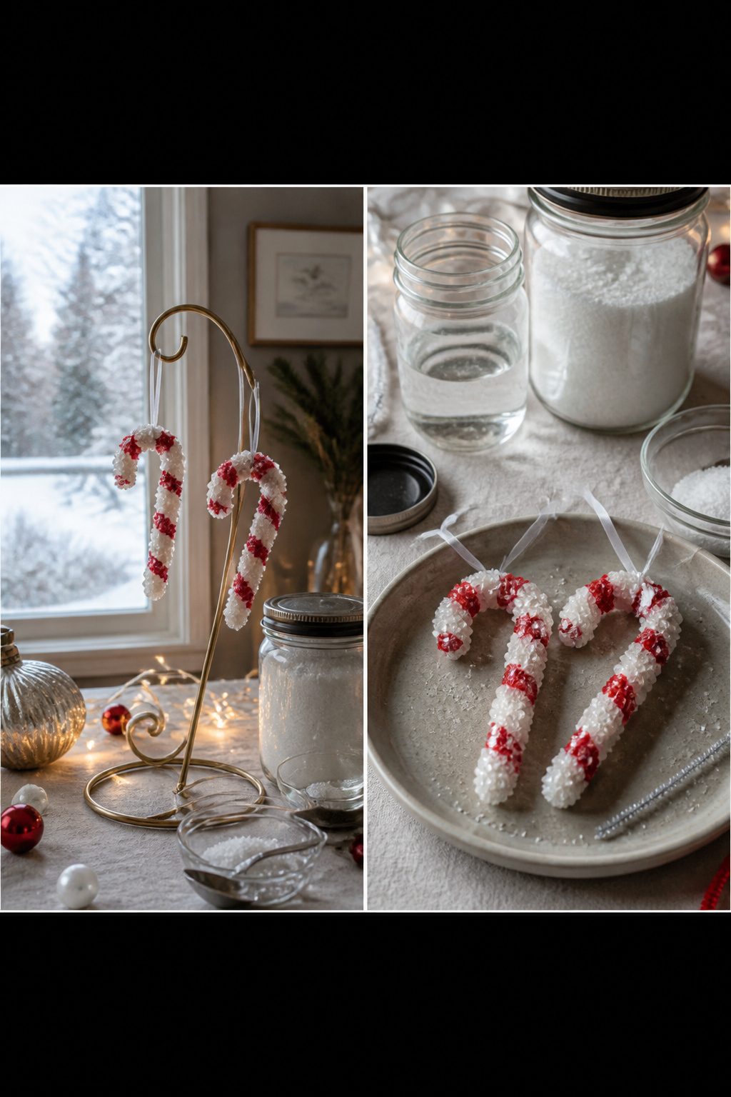 Pipe cleaners shaped like candy canes covered in crystals.