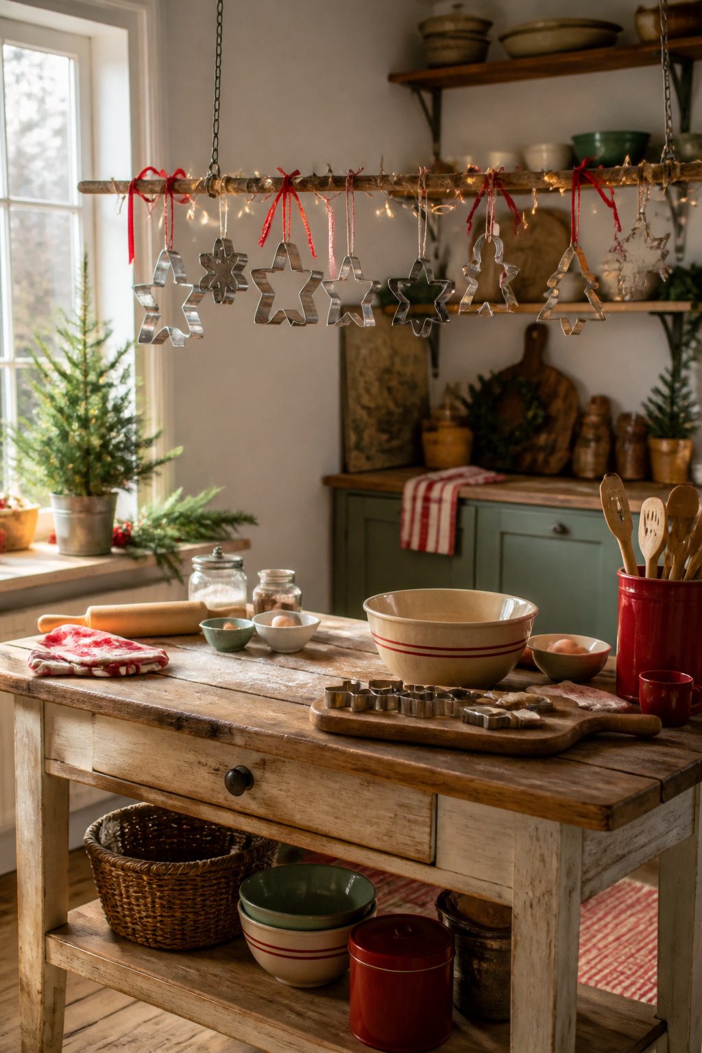 Metal cookie cutters hanging as ornaments.