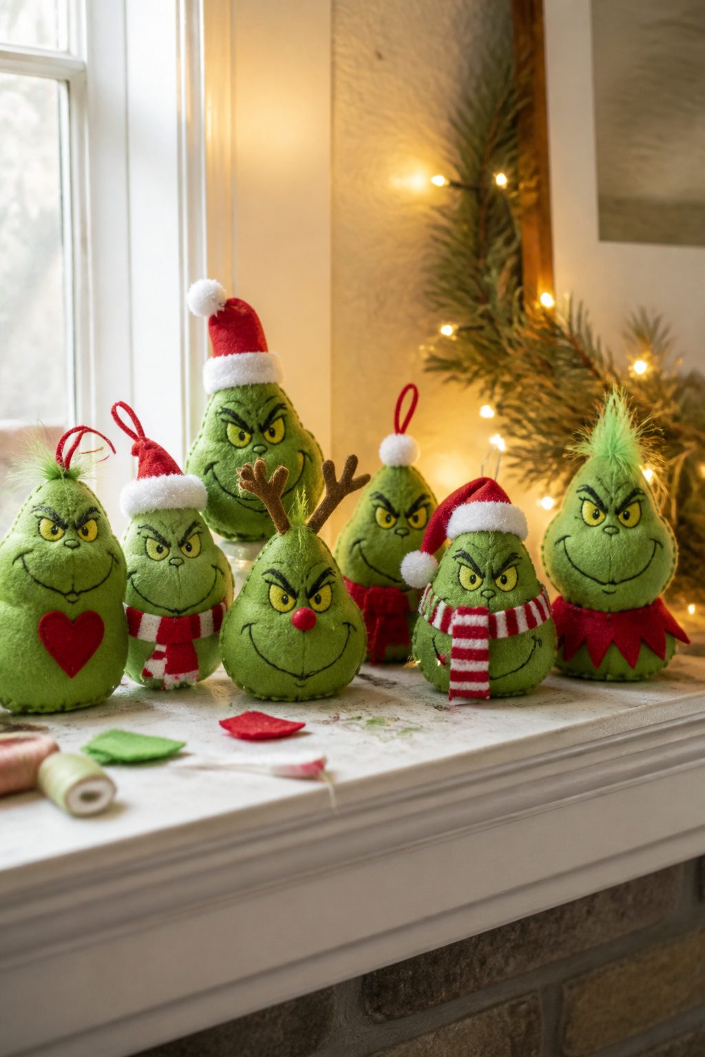 Grinch face ornaments made from painted wood slices.