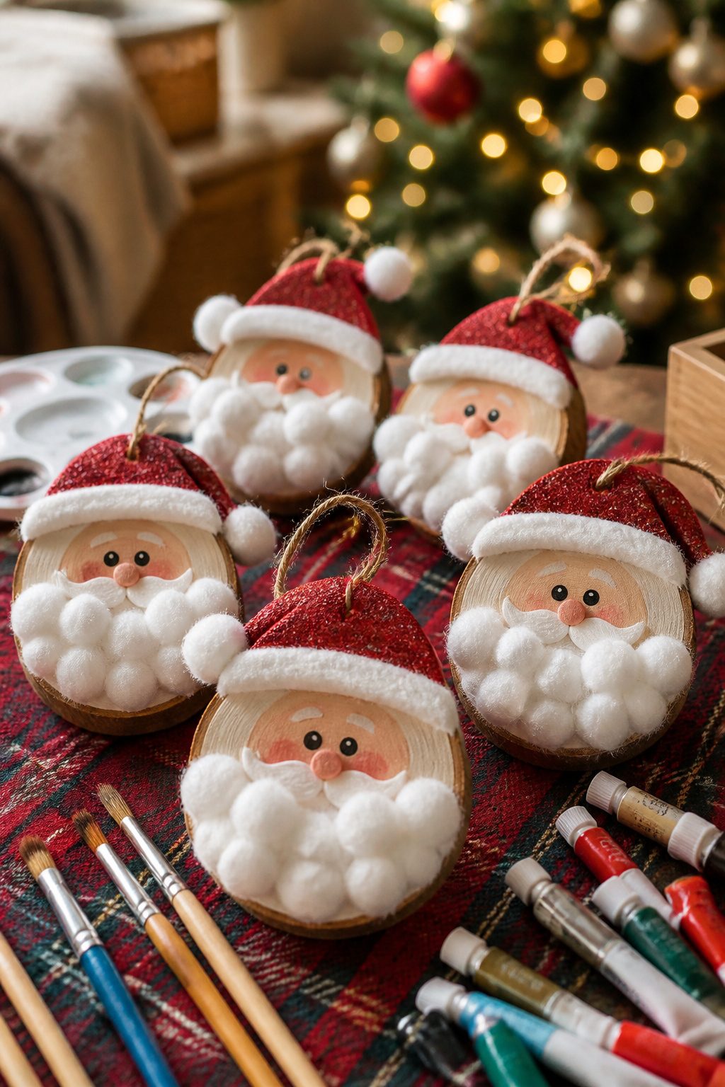 Wood rounds painted with Santa faces.