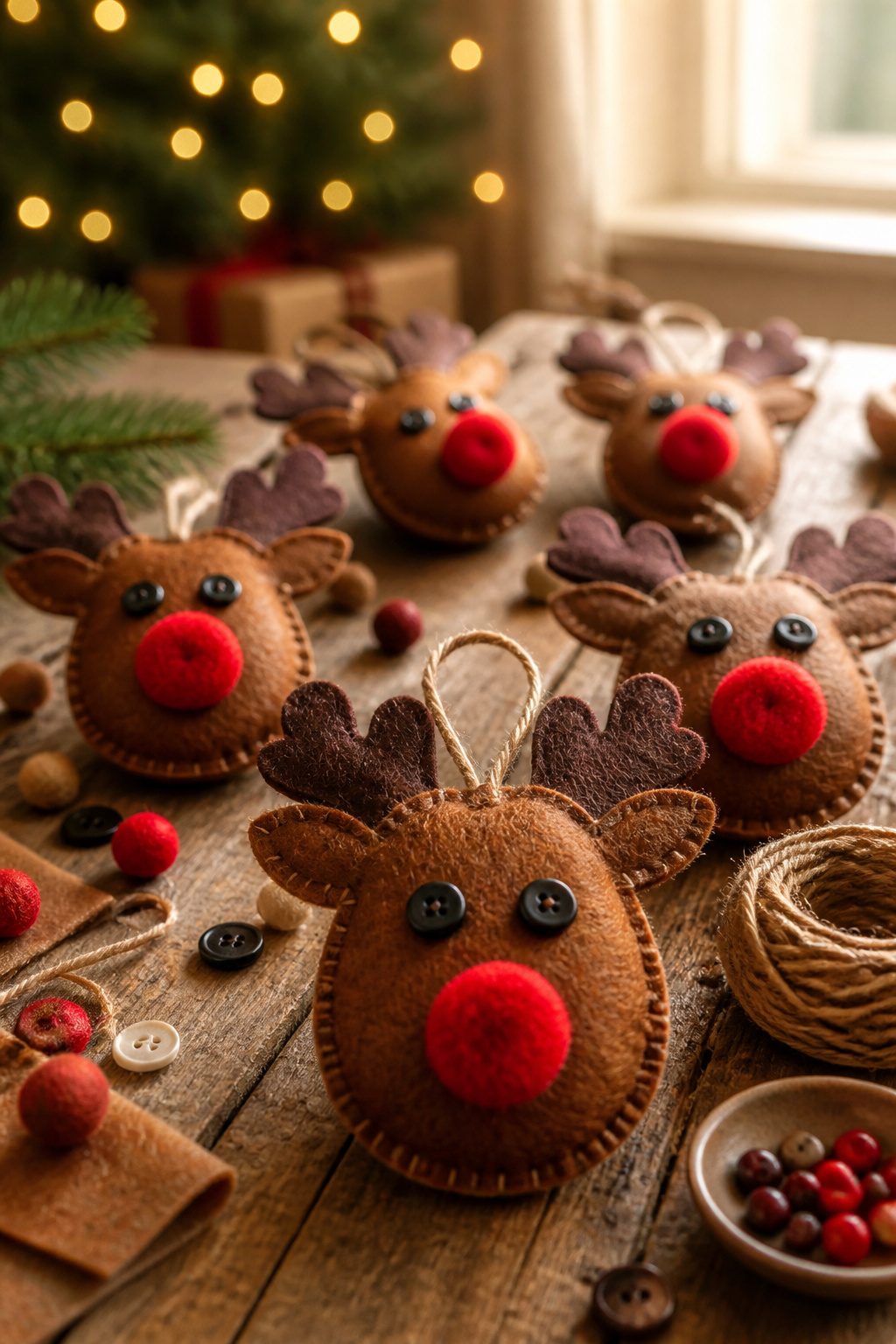 Felt reindeer ornaments shaped and decorated.
