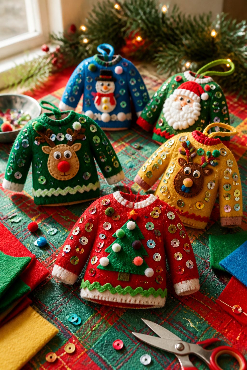Felt ornaments shaped like ugly Christmas sweaters.