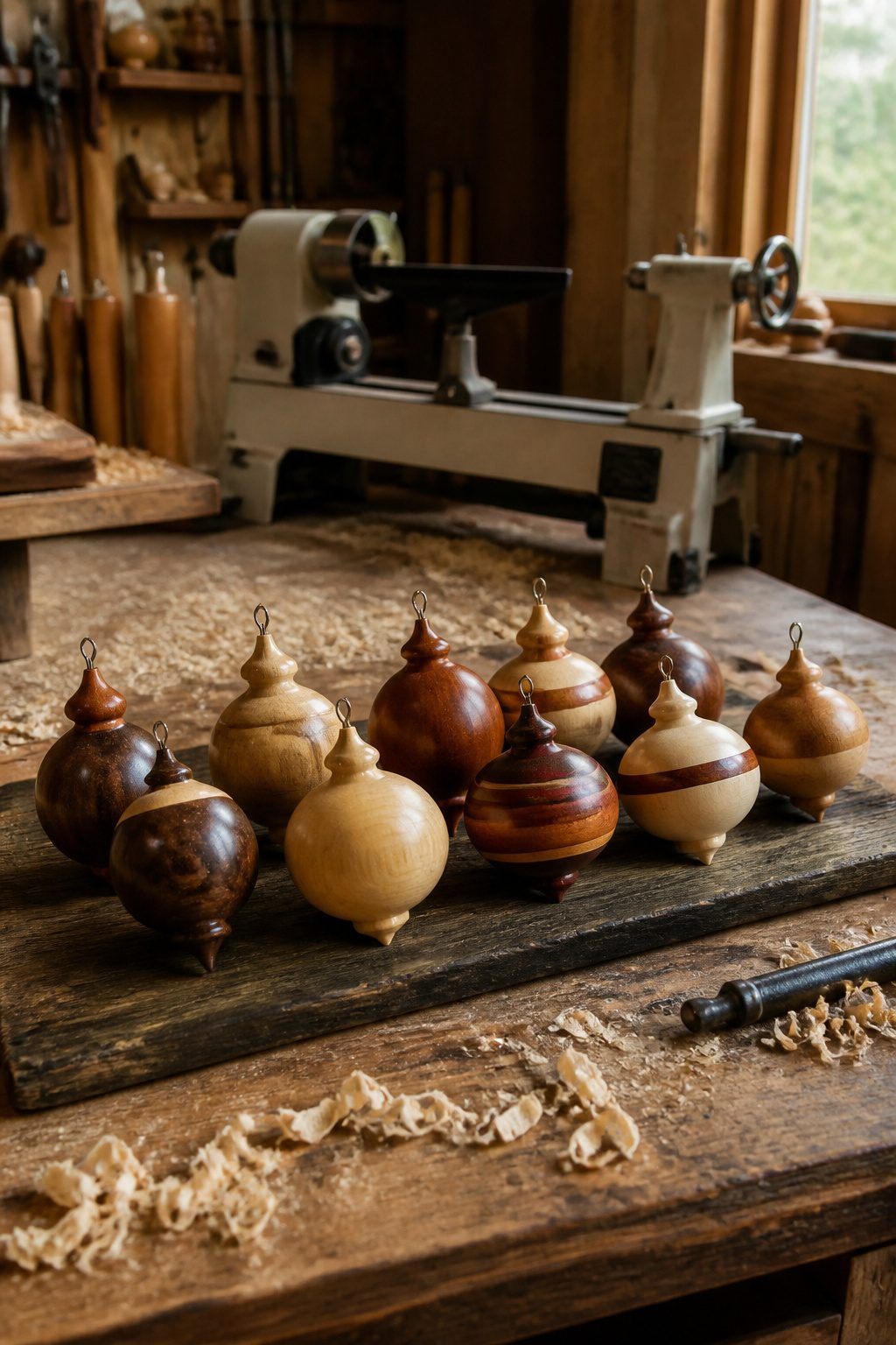 A collection of DIY wood-turned ornaments on display.