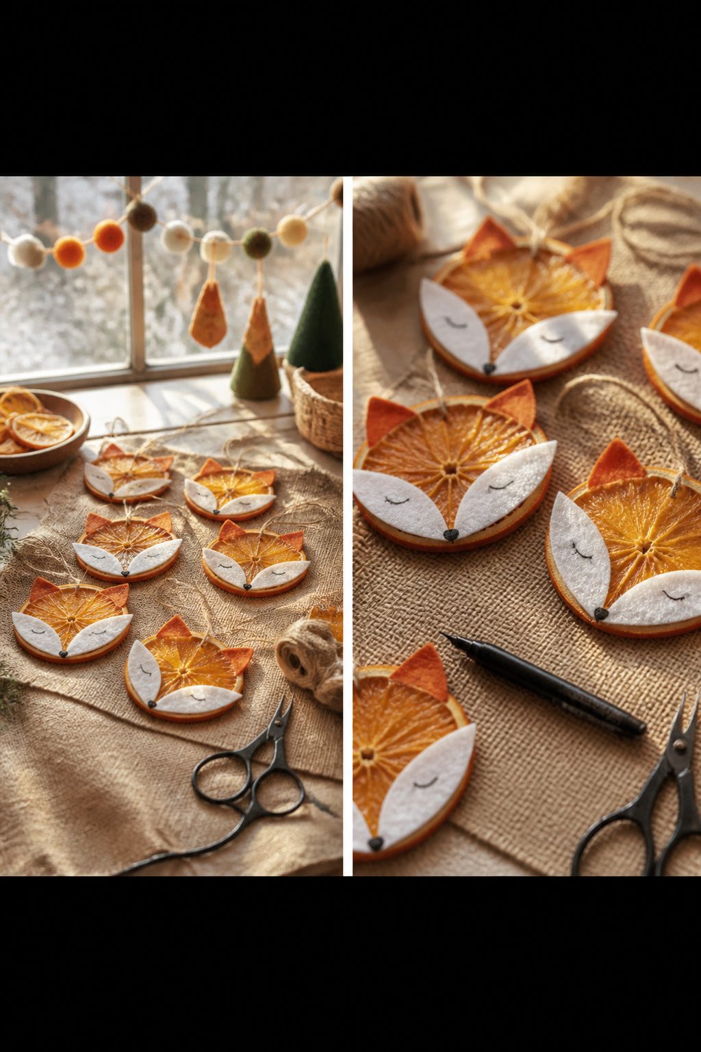 Dried orange slices shaped like fox faces with added features.