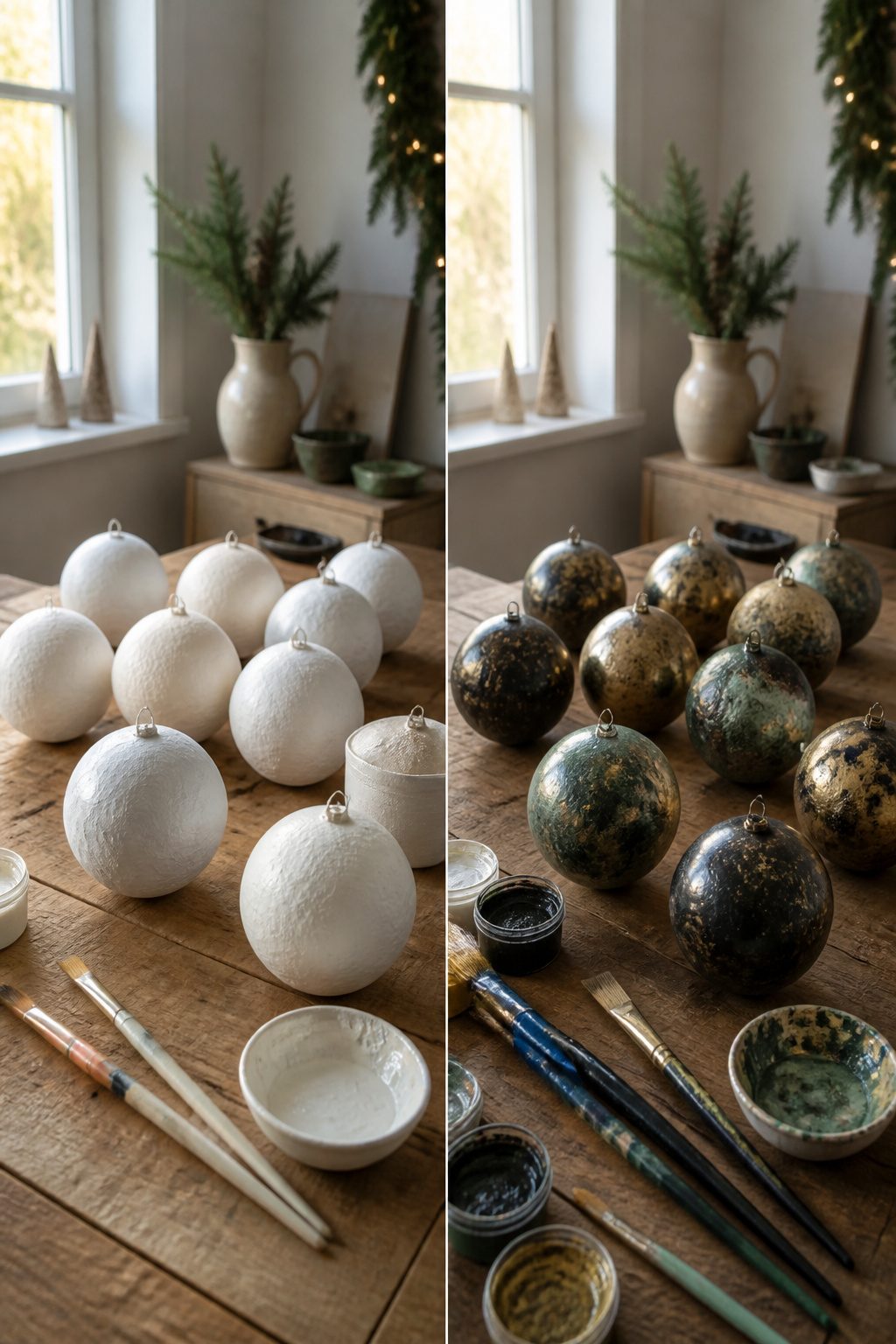 Paper mache ornaments with a faux bronze finish.