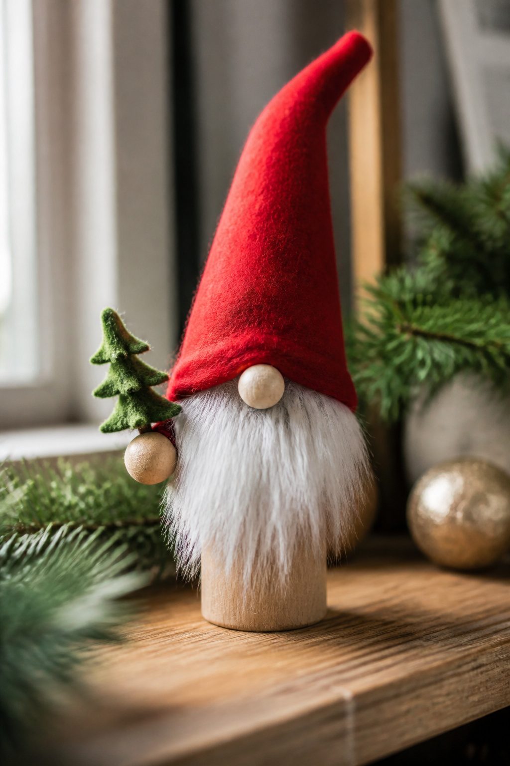 Crafted gnome ornaments with hats and beards.