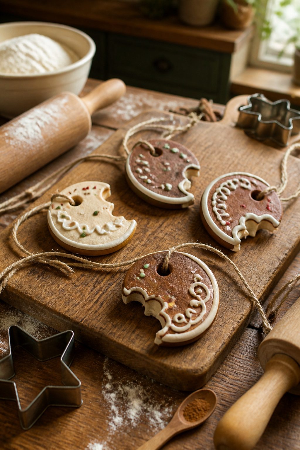 Salt dough ornaments shaped like half-eaten gingerbread cookies.