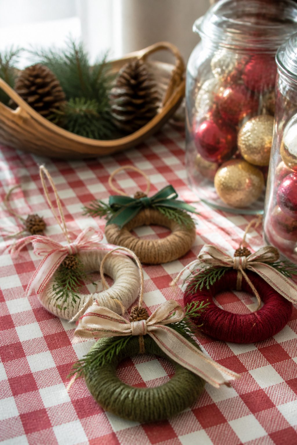Mason jar screw bands wrapped in yarn and decorated.