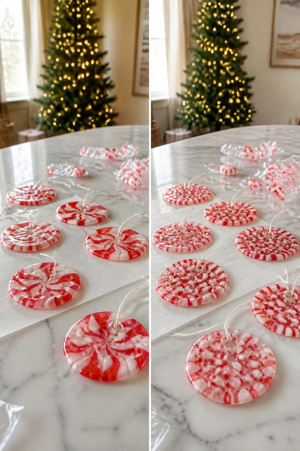 Translucent disks made from melted peppermint candies.