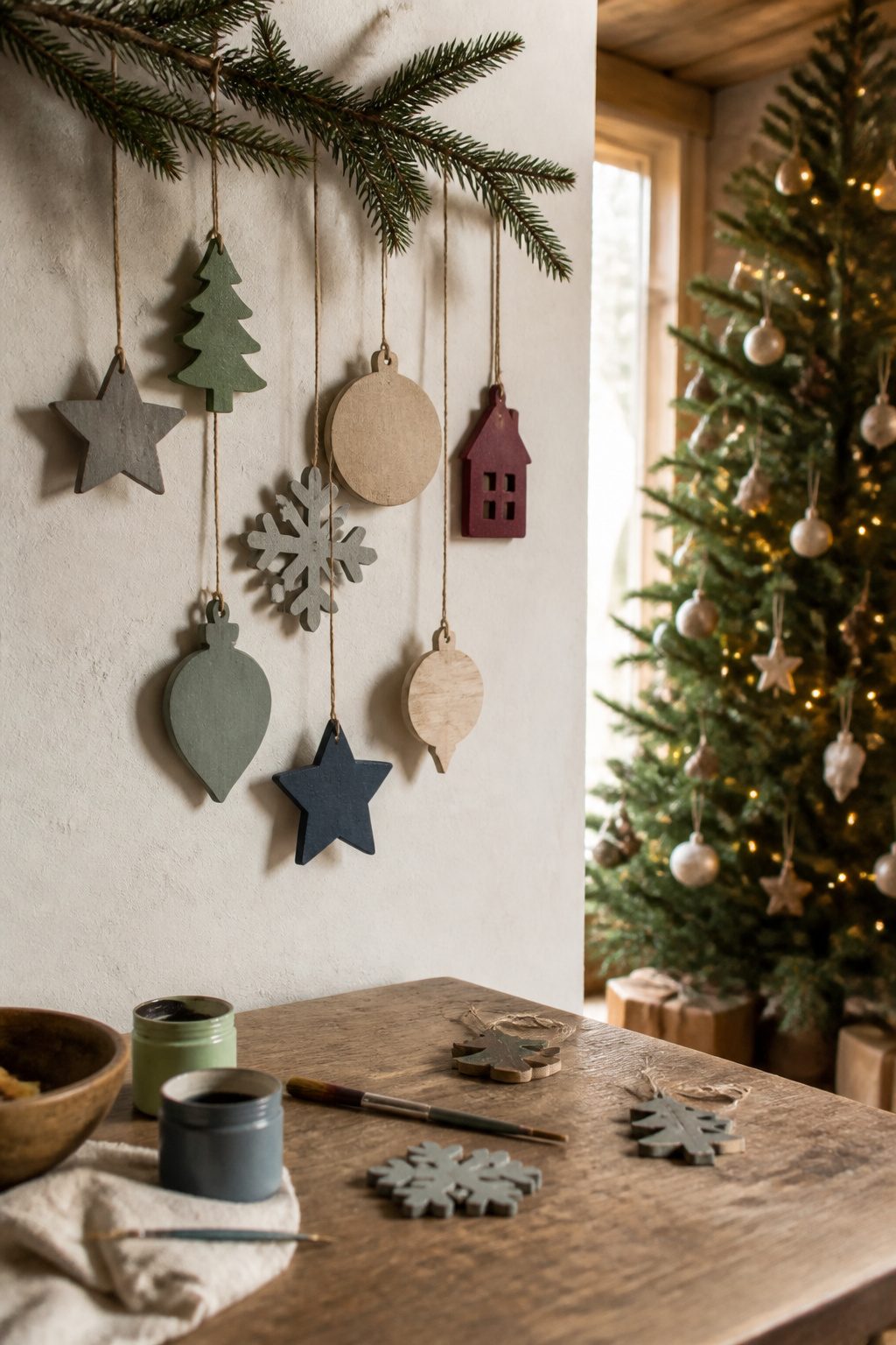 Milk paint ornaments hanging against a textured wall.