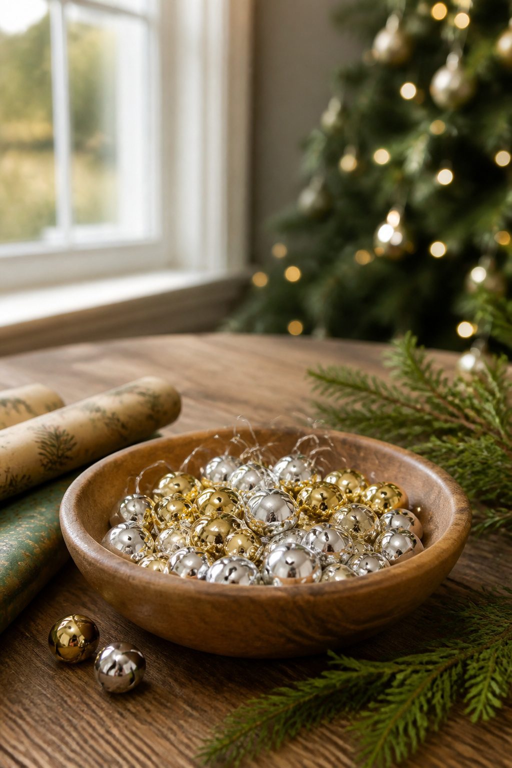 Small jingle bells displayed in a wooden bowl.