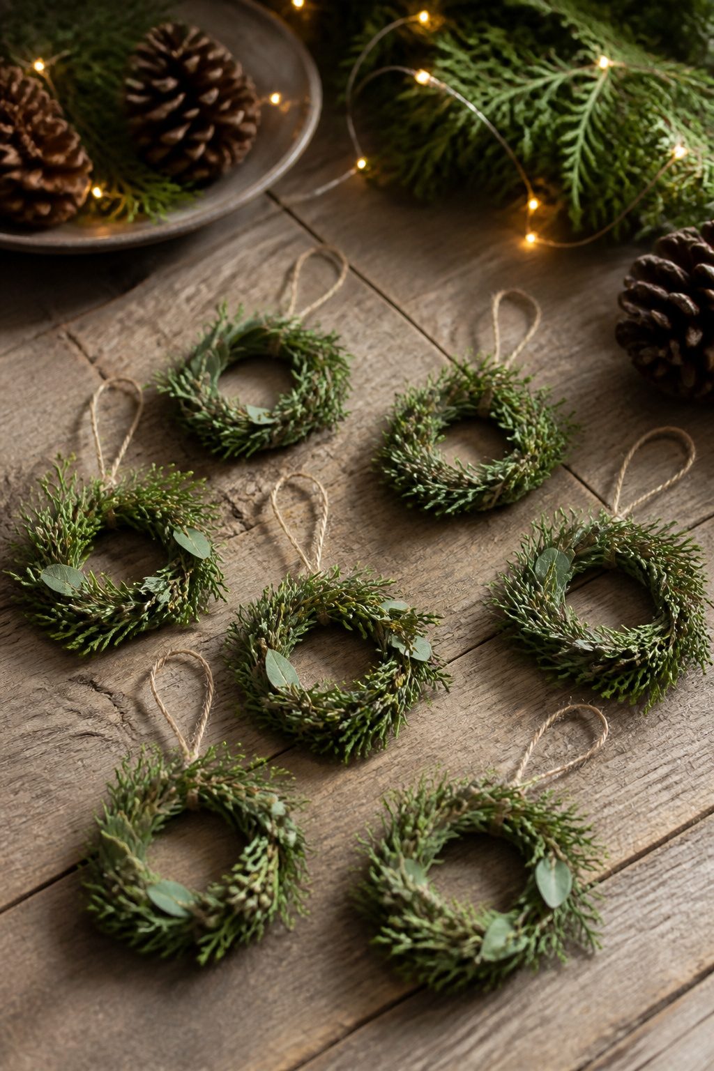 Mini wreath ornaments made of twine and greenery on a wooden surface.