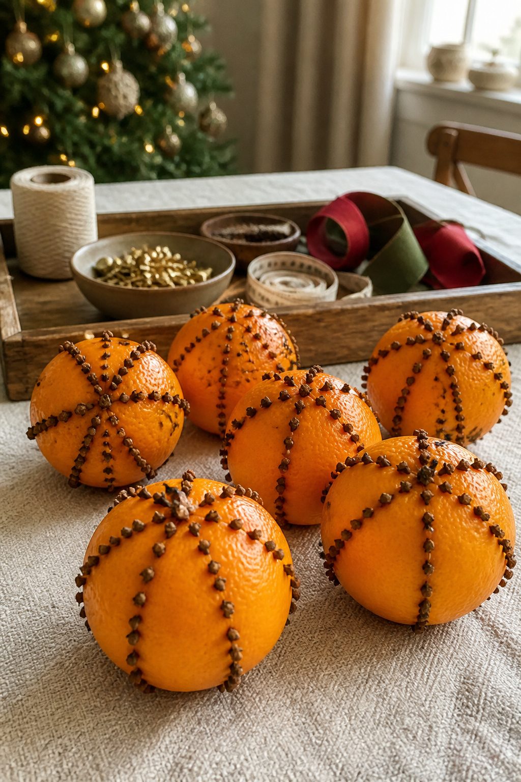 Oranges decorated with cloves arranged on a linen tablecloth.