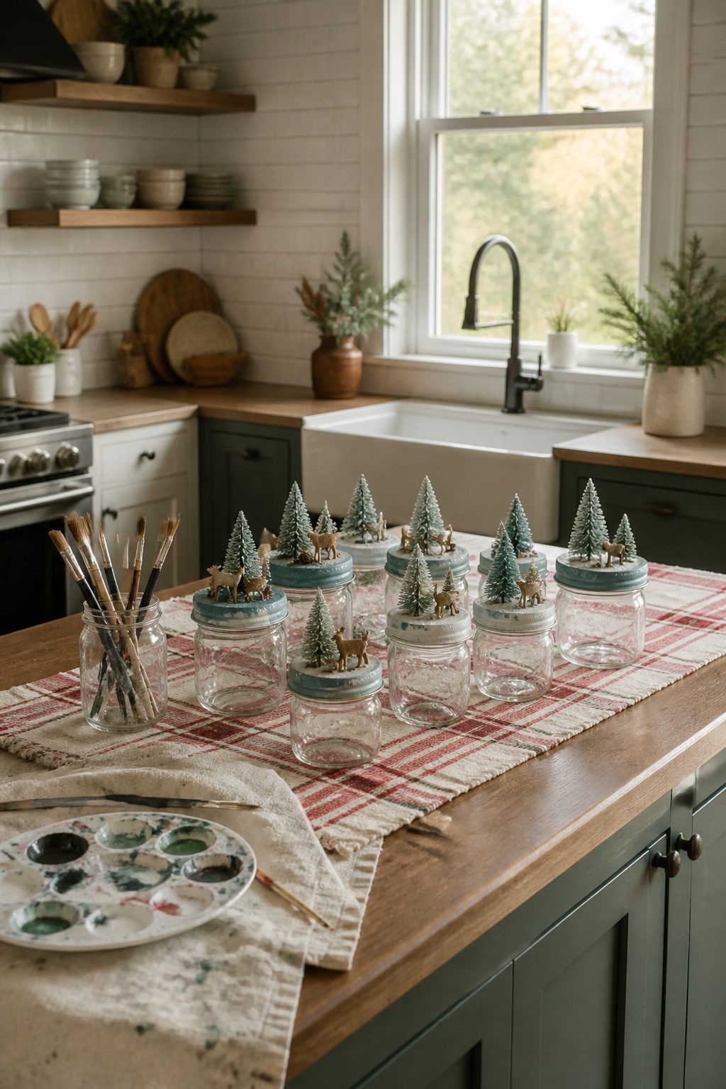 Mason jar lids painted and decorated with small figures.