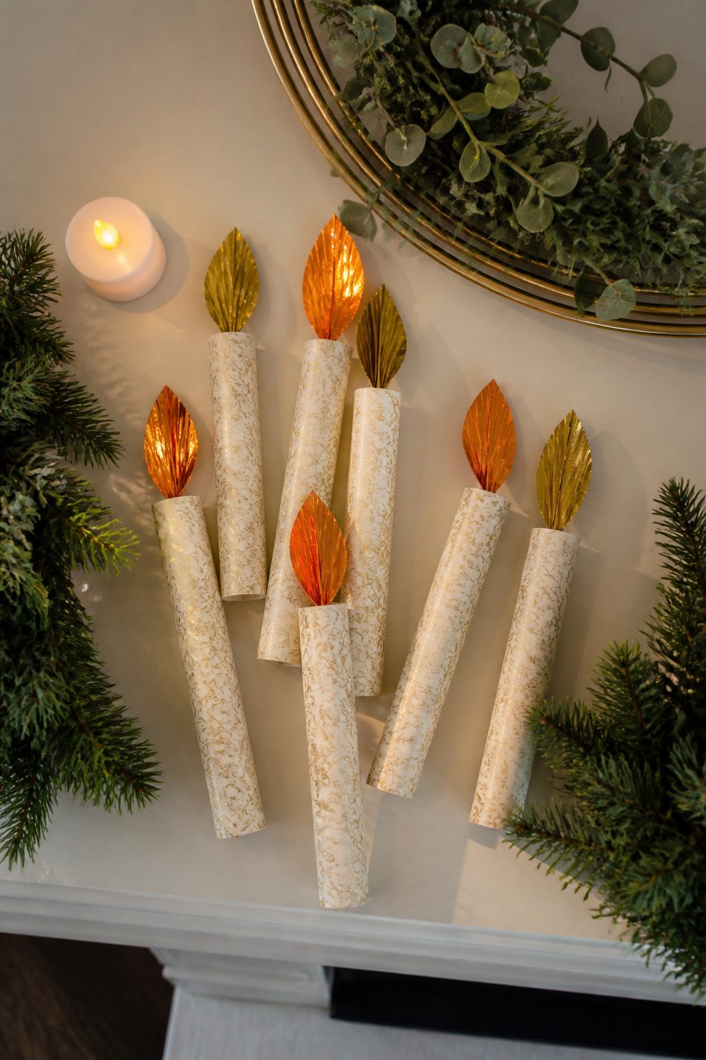 Paper tube candle ornaments with metallic cupcake liner flames.
