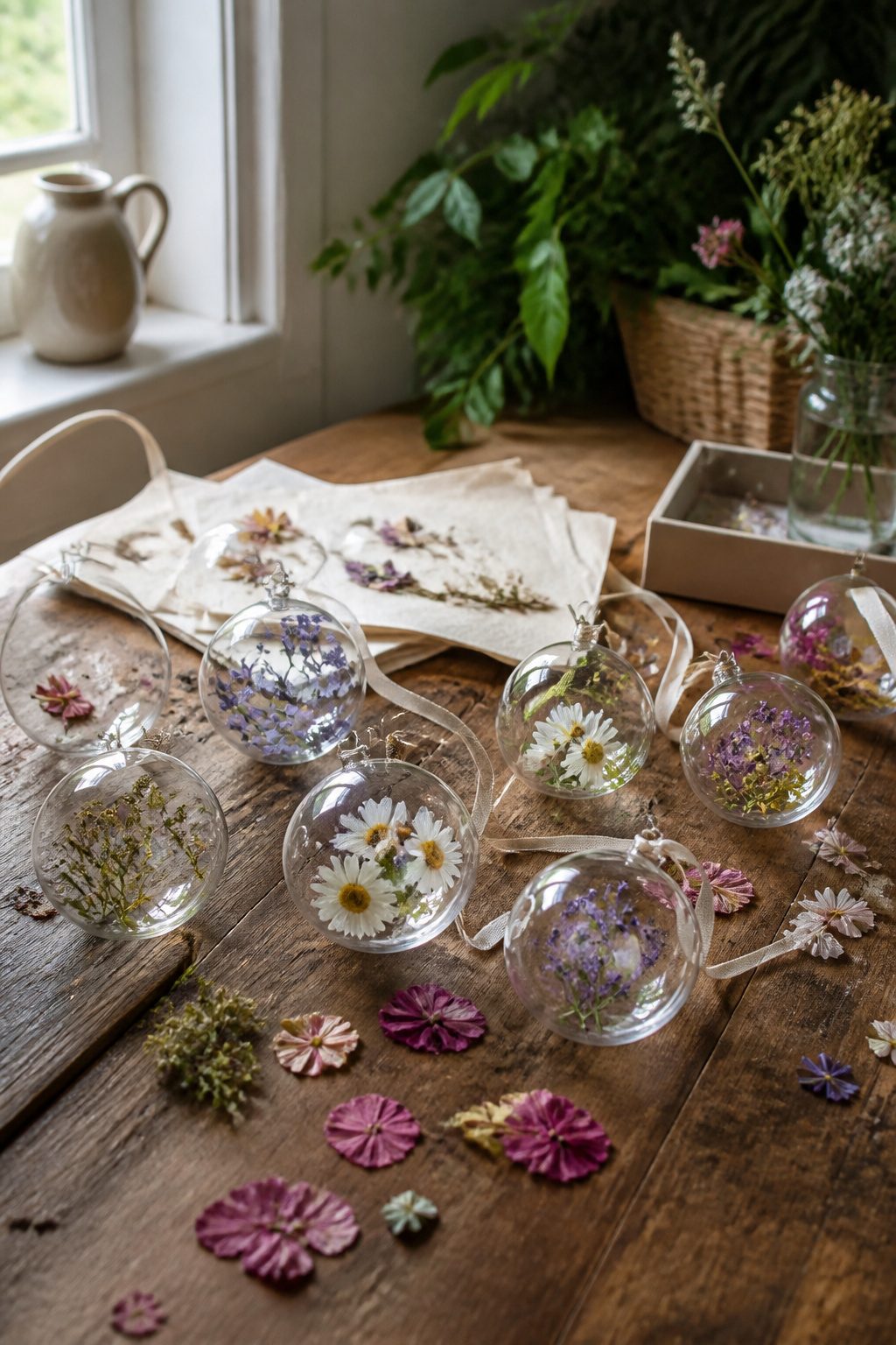 Glass ornaments featuring pressed flowers inside.