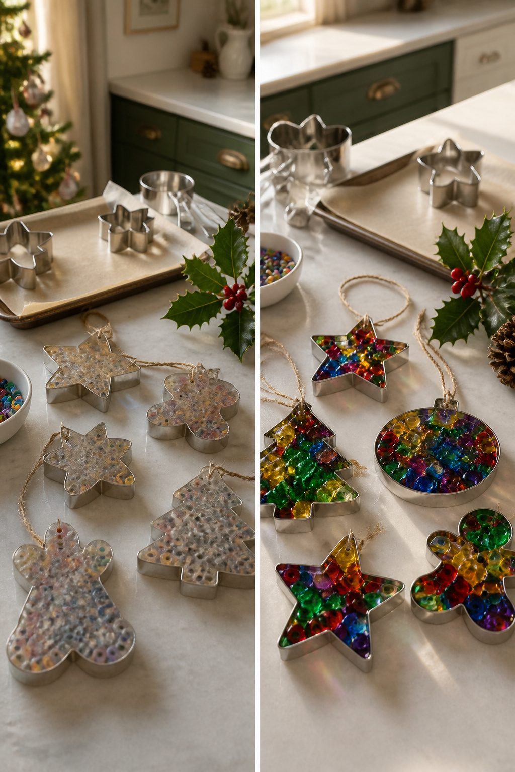 Metal cookie cutters filled with melted plastic beads.