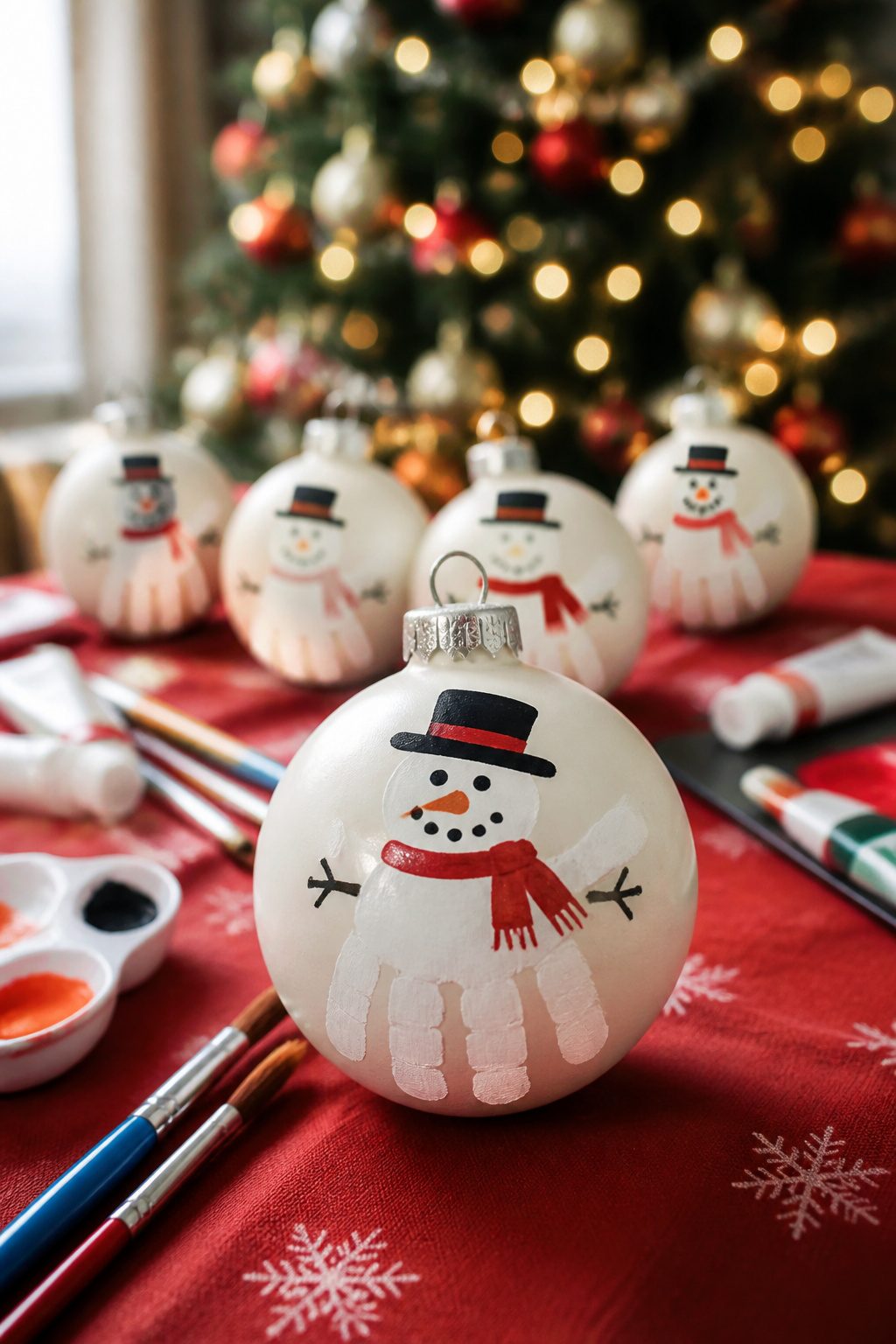 Ornaments featuring handprints painted as snowmen.