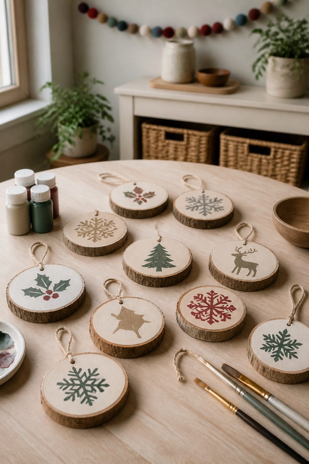 Wood slices with intricate stenciling on a wooden table.