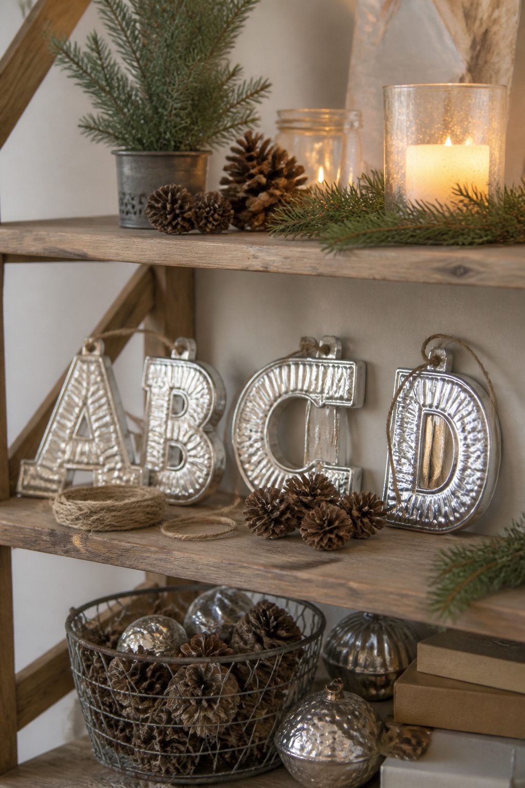 Tin letters cut from baking pans hanging decoratively.