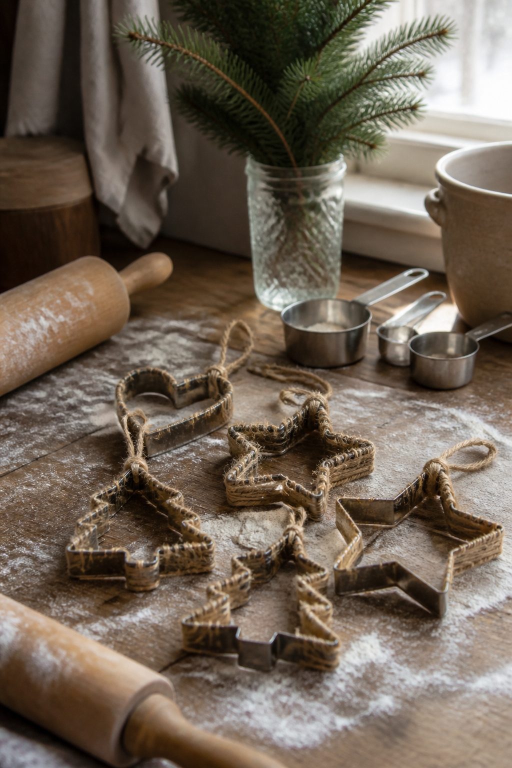 Cookie cutter ornaments wrapped in twine.
