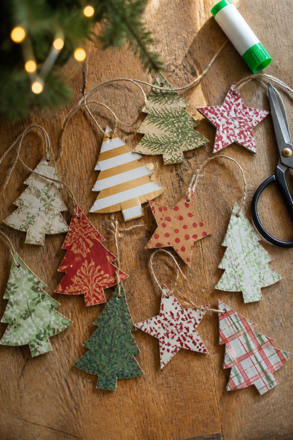 Cardboard ornaments cut into shapes and decorated.