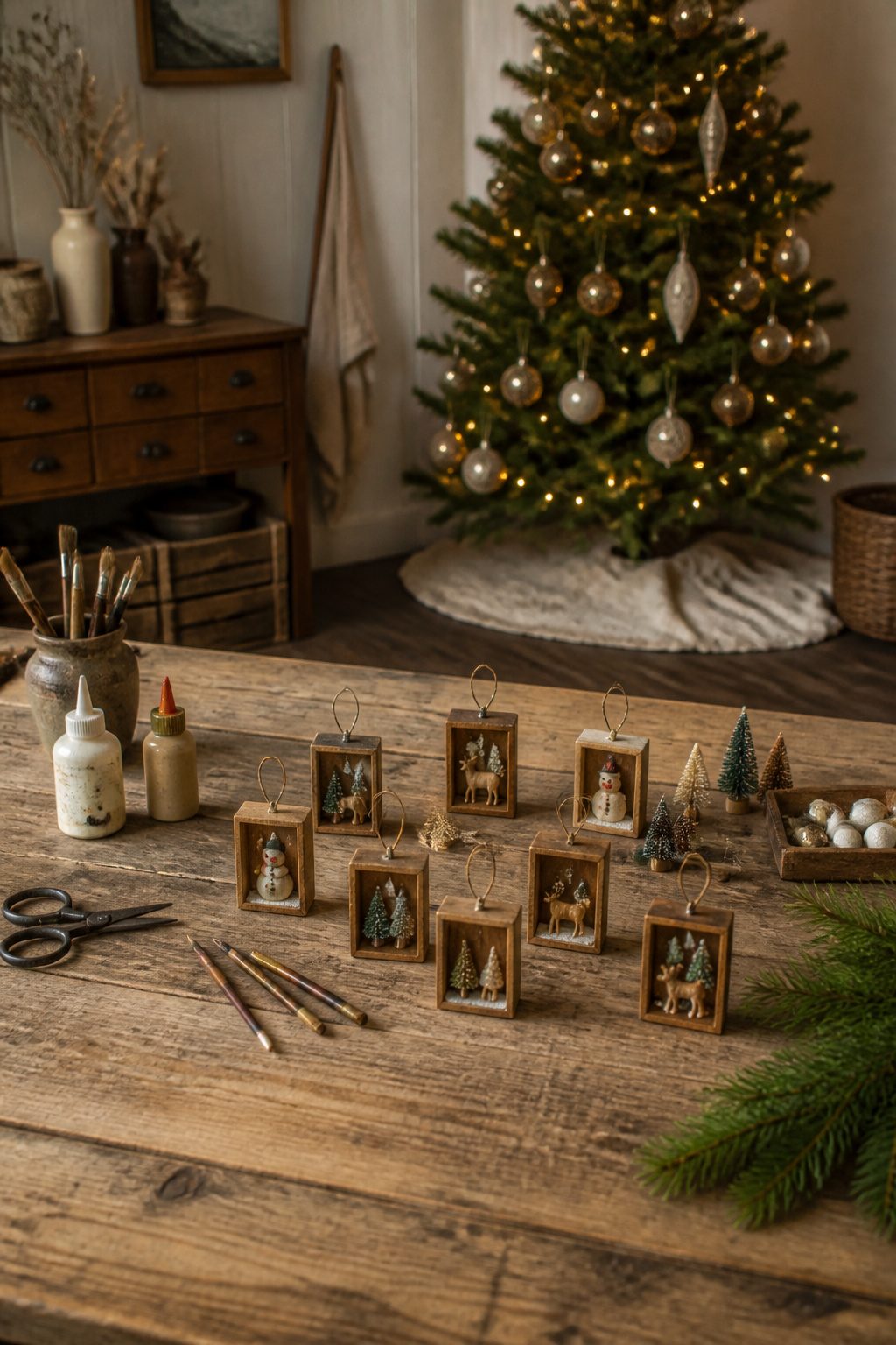 Small wooden carrier ornaments with scenes inside.