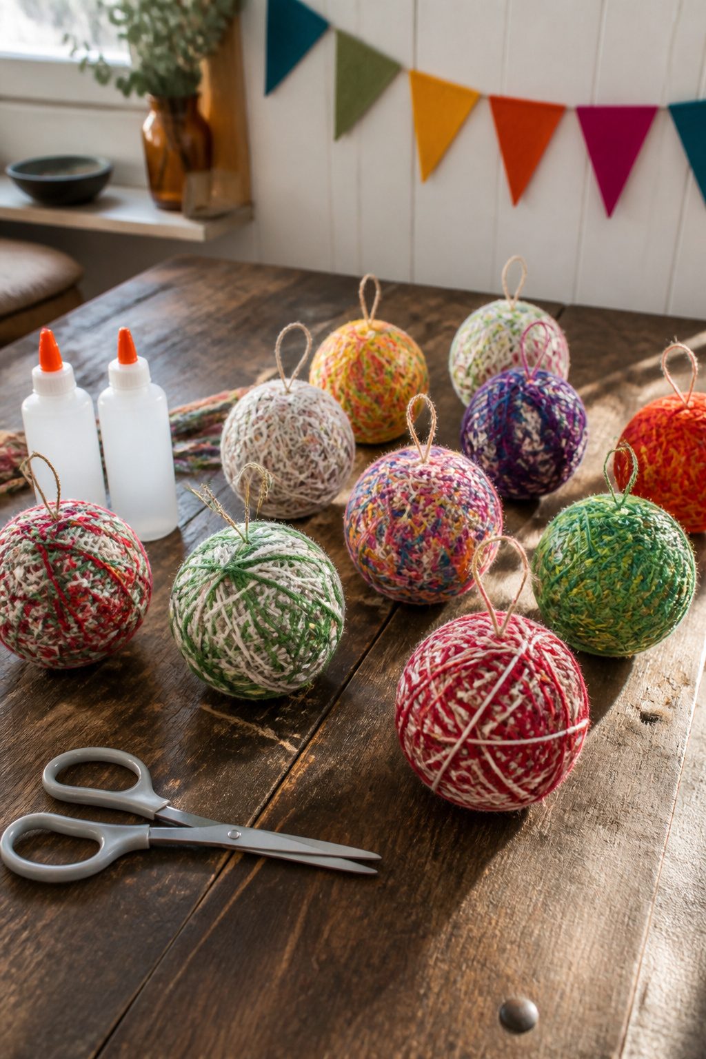 Assorted yarn ball ornaments wrapped around Styrofoam balls.