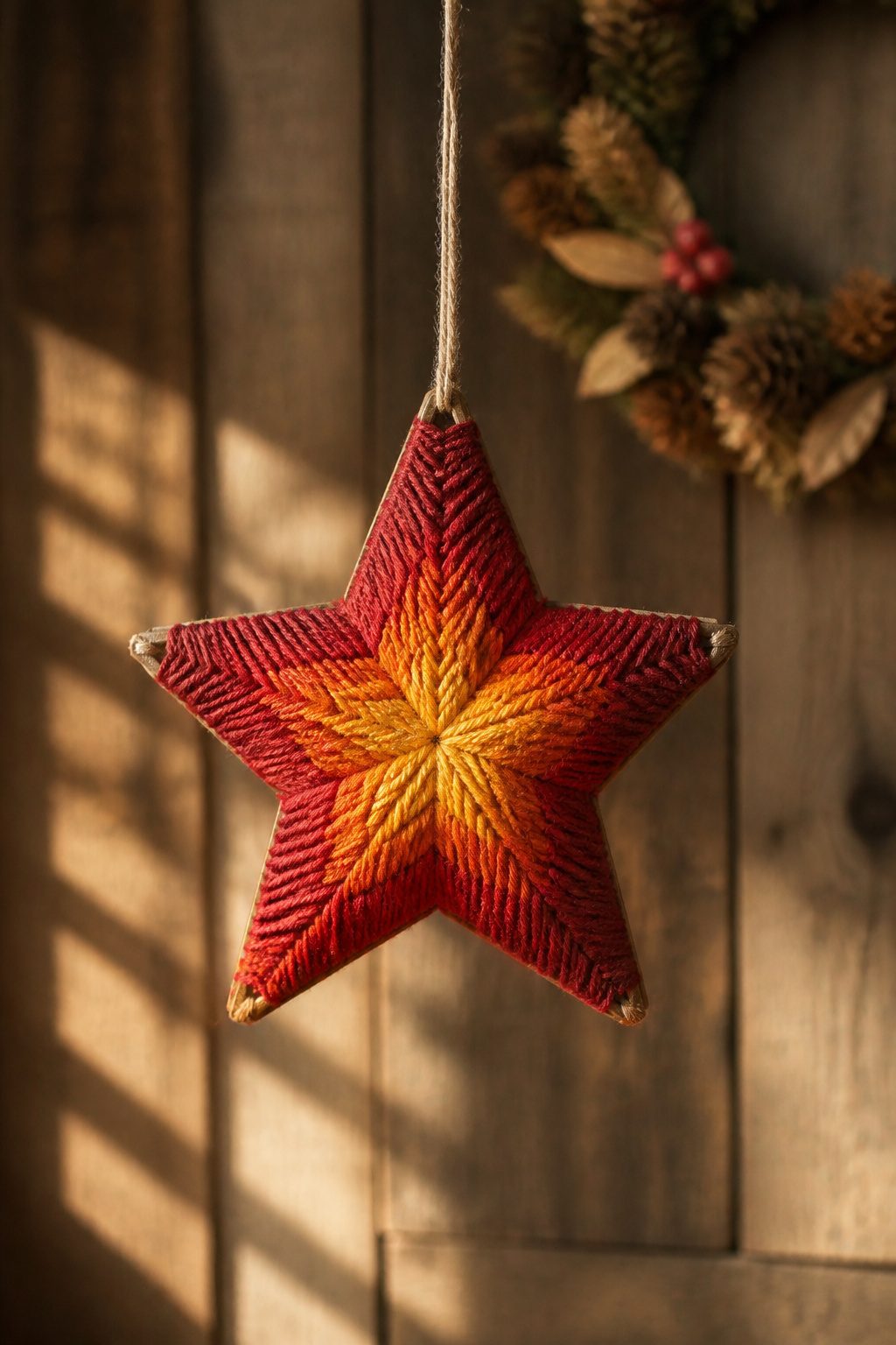 Yarn stars made using a cardboard loom.