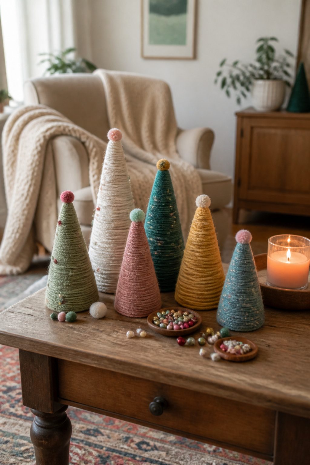 Yarn-wrapped trees displayed on a rustic wooden table.