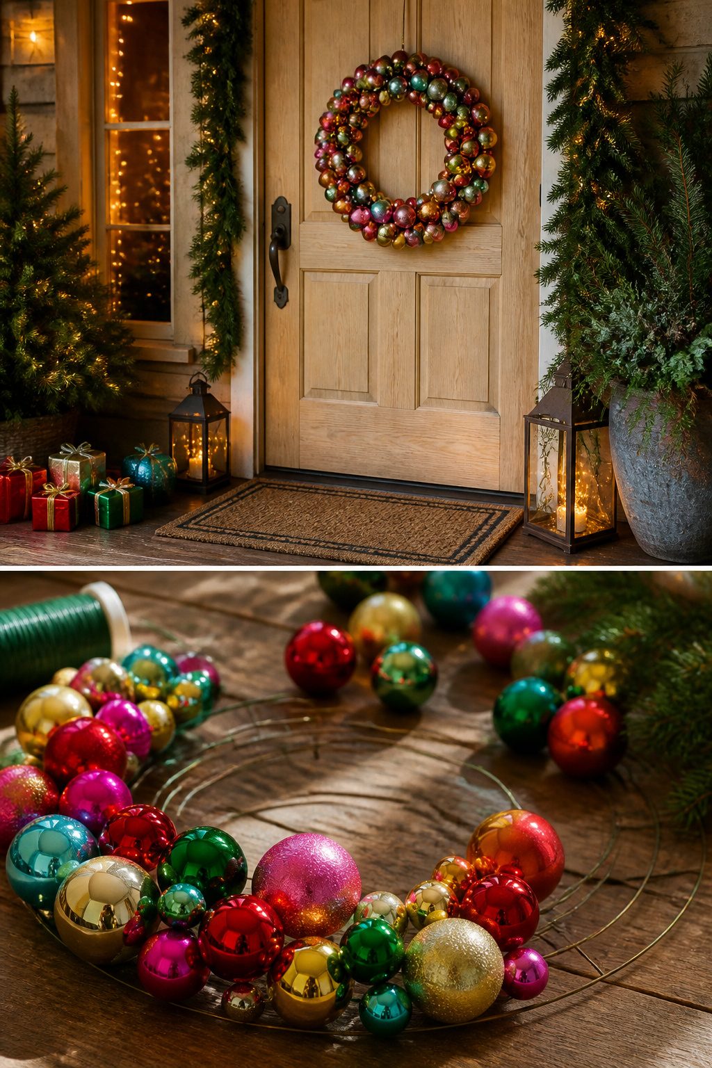A wreath created from colorful shatterproof ornaments on a wire hanger.