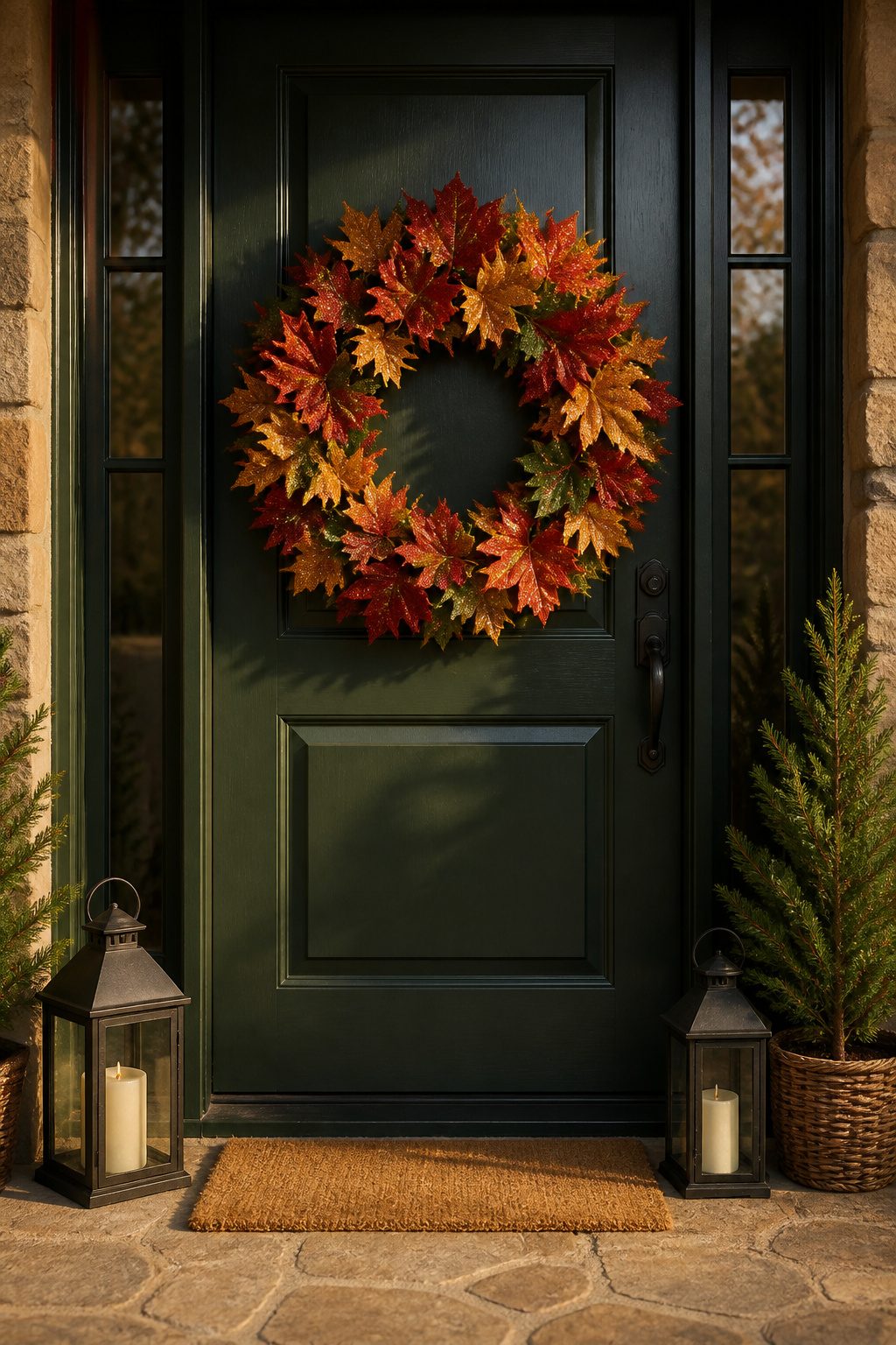A wreath made of faux maple leaves in red, green, and gold.